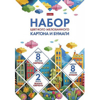 Фото товара - Набор цветного картона (8л 8цв)+2 Белых + цв. бумага (8л 8цв) мел. "Мозаика" в папке (095480) 32444 Хатбер